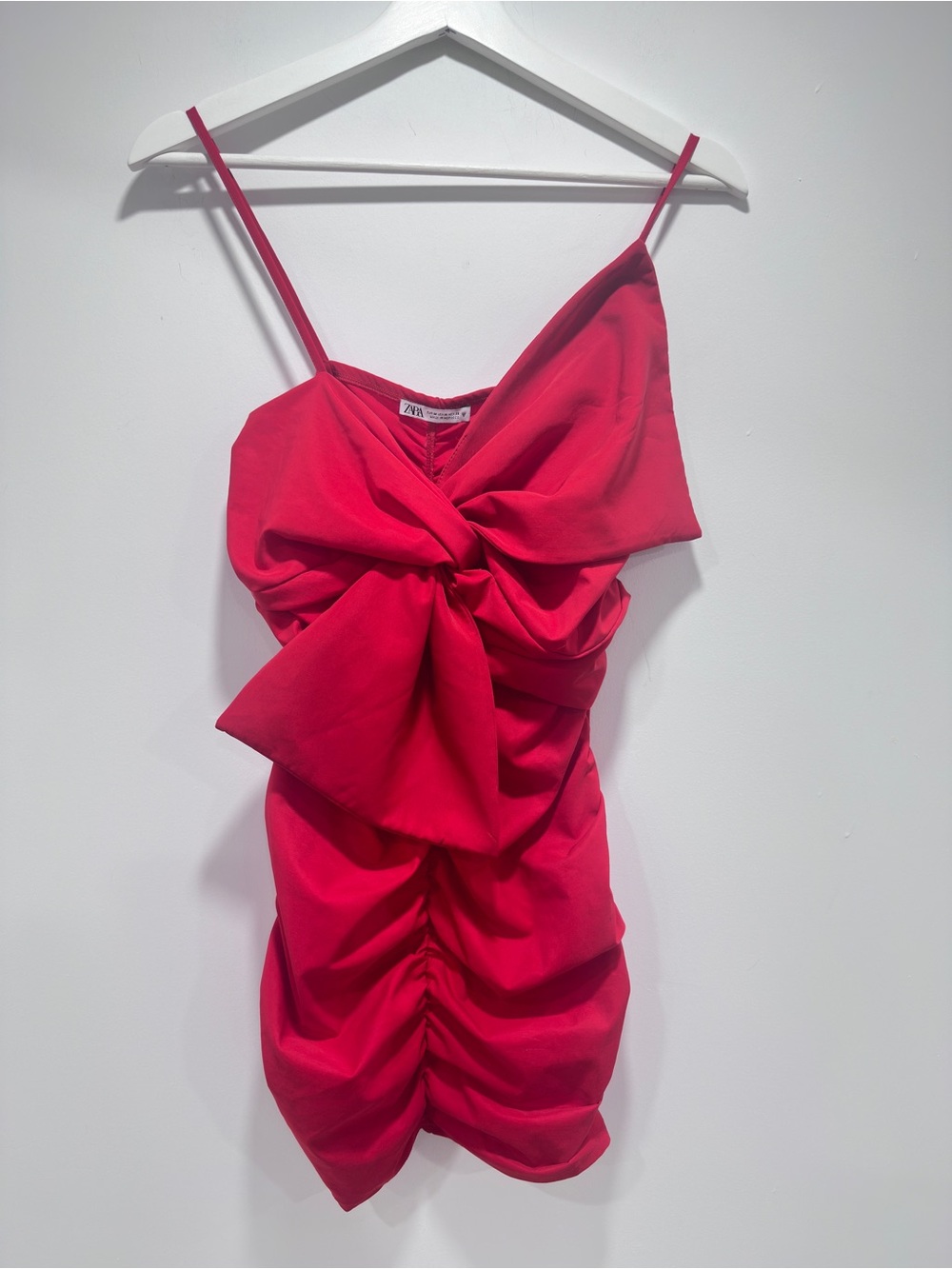 ZARA Vibrant Red Ruched Bodycon Mini Dress with Statement Bow Detail - Size M
